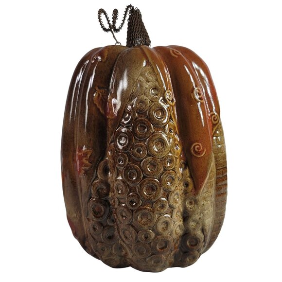 Thanksgiving Pumpkin Decor Brown Green 10.5" Fall Autumn Wire Stem Ceramic Gloss - Picture 3 of 8